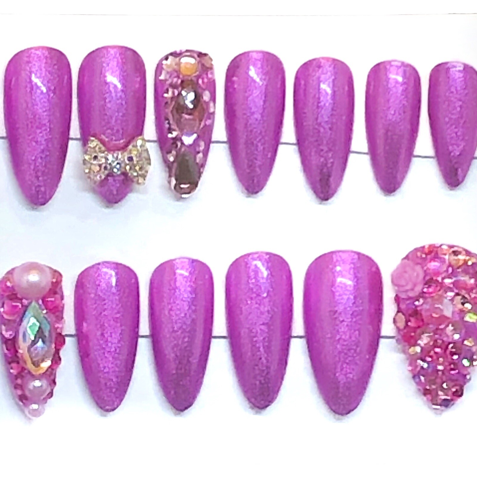 Handmade UV Gel Press On Nails Medium Length Almond Shape Pink Metallic & Bling