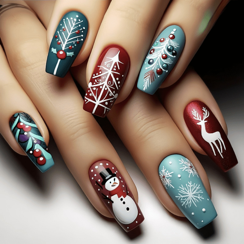 48P Long Coffin Press on Nails, Red Green Pine Deer Snowflake Fake Nails