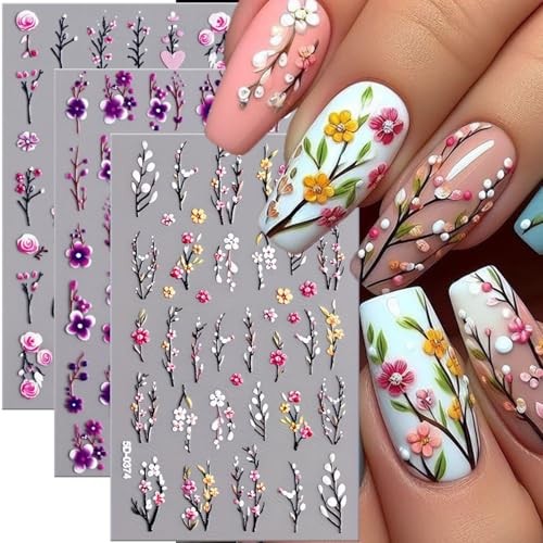 Flower Sticker for Nail Art 5D Embossed Spring Roses Nail Decal Flower Branch