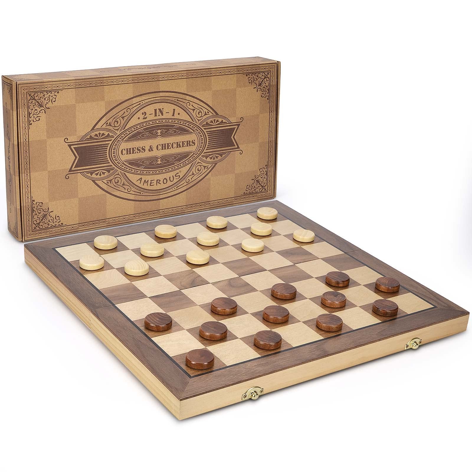 AMEROUS 15” Magnetic Wooden Chess & Checkers Game Set -2 Extra Queens Brown