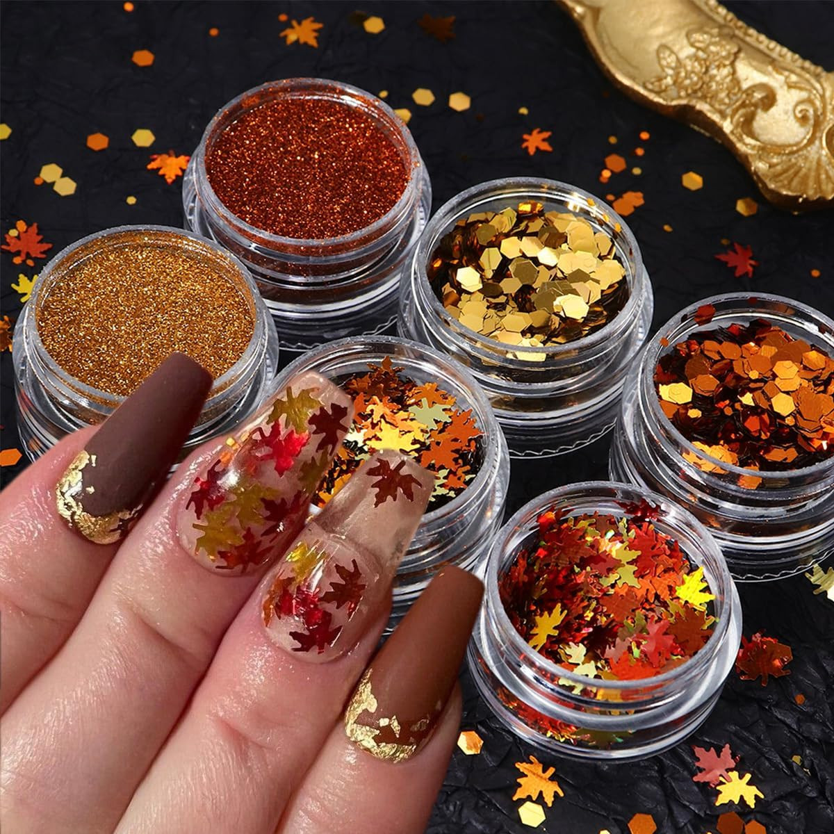 6Boxes Fall Nail Glitters 3D Gold Maple Leaf Nail Art Glitters Autumn Decoration