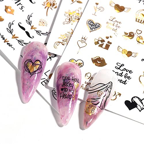 Gold Flowers Nail Art Stickers, Holographic Rose Floral Leaf Love Gold Floral