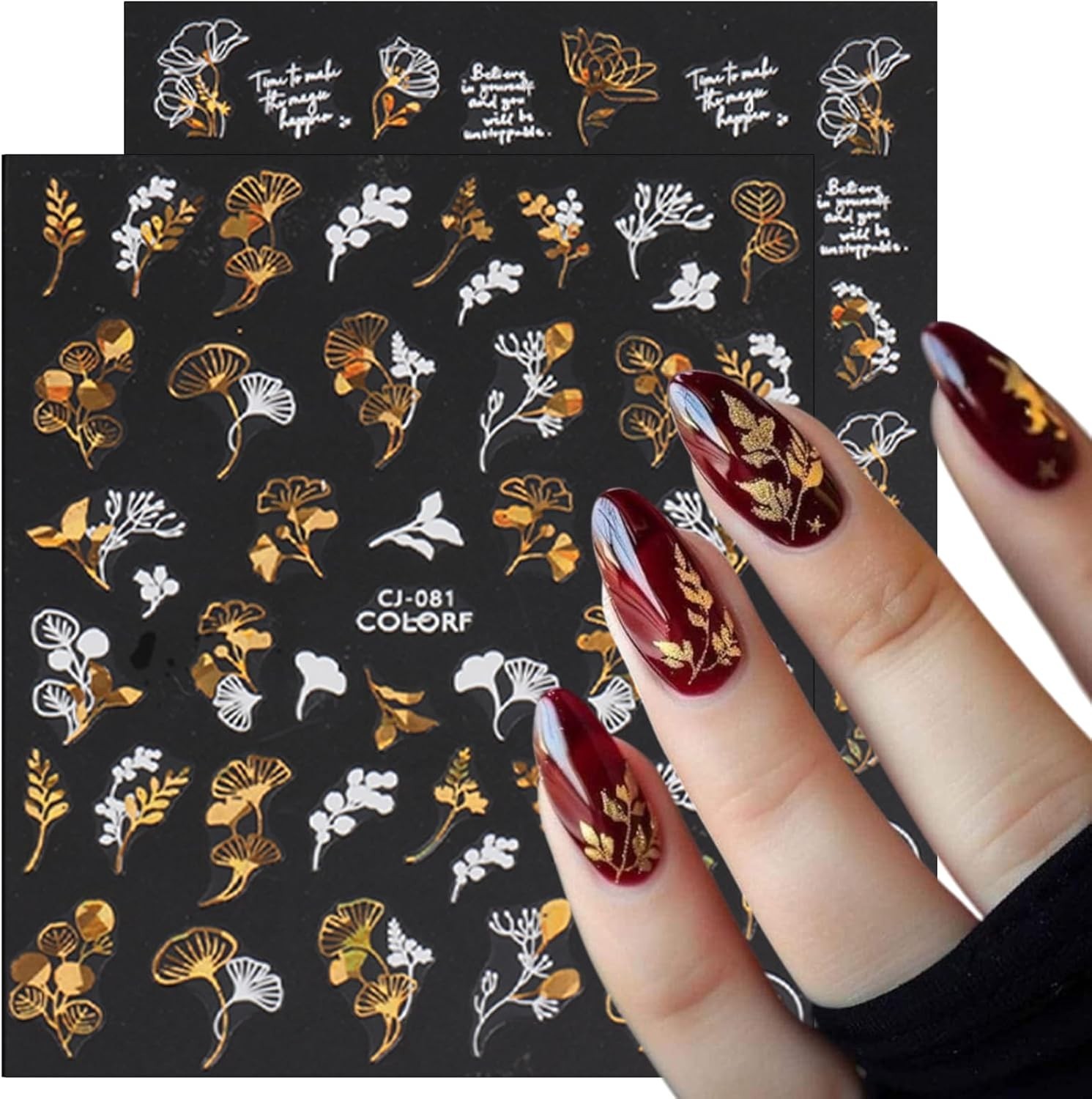 9 Sheets Bronzing Fall Nail Art Stickers 3D Glitter Metallic Maple Leaf Nail …