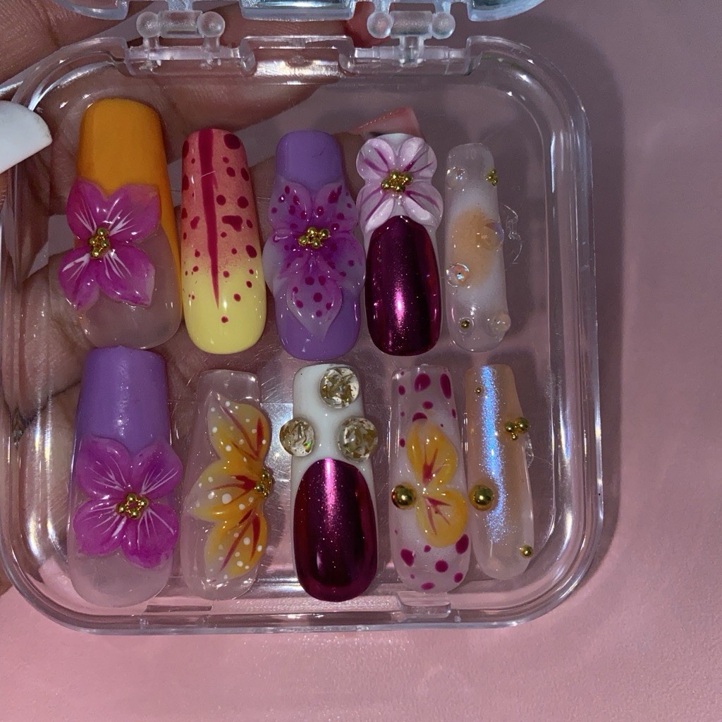 3D Flower Press-On Nails Long Full Cover Pre-Designed Purple Pink medium