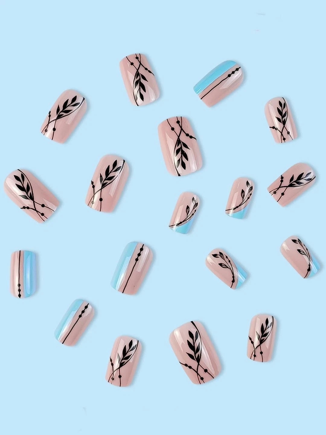 Secret Lives Acrylic Fake False Reusable Artifical Press On Nails Black Leaves