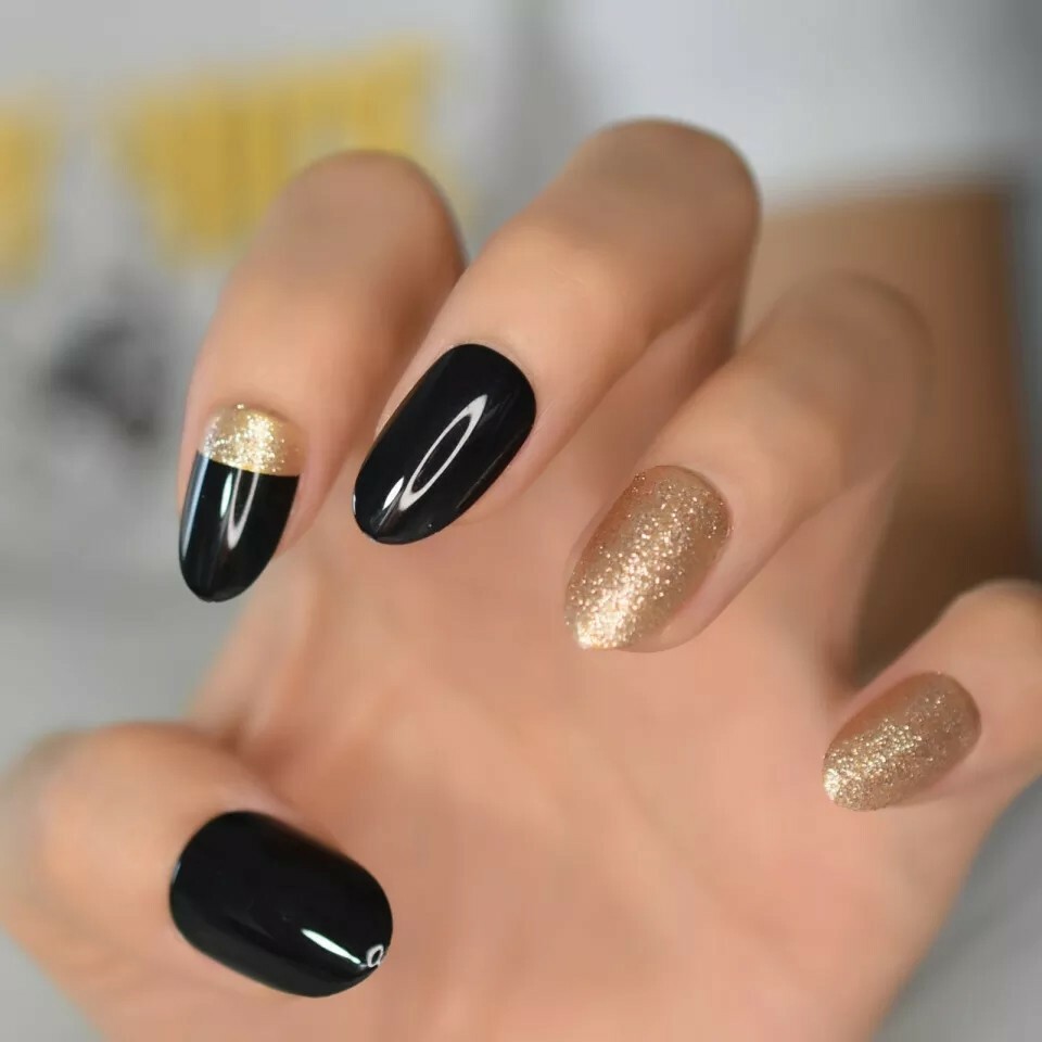 24 Black gold glitter Press On Nails w/ Glue oval medium short almond tip