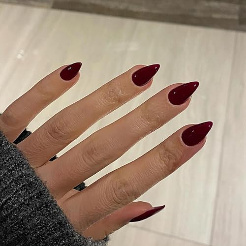 Burgundy Dark Red Press on Nails Short Almond Shaped, almond burgundy red