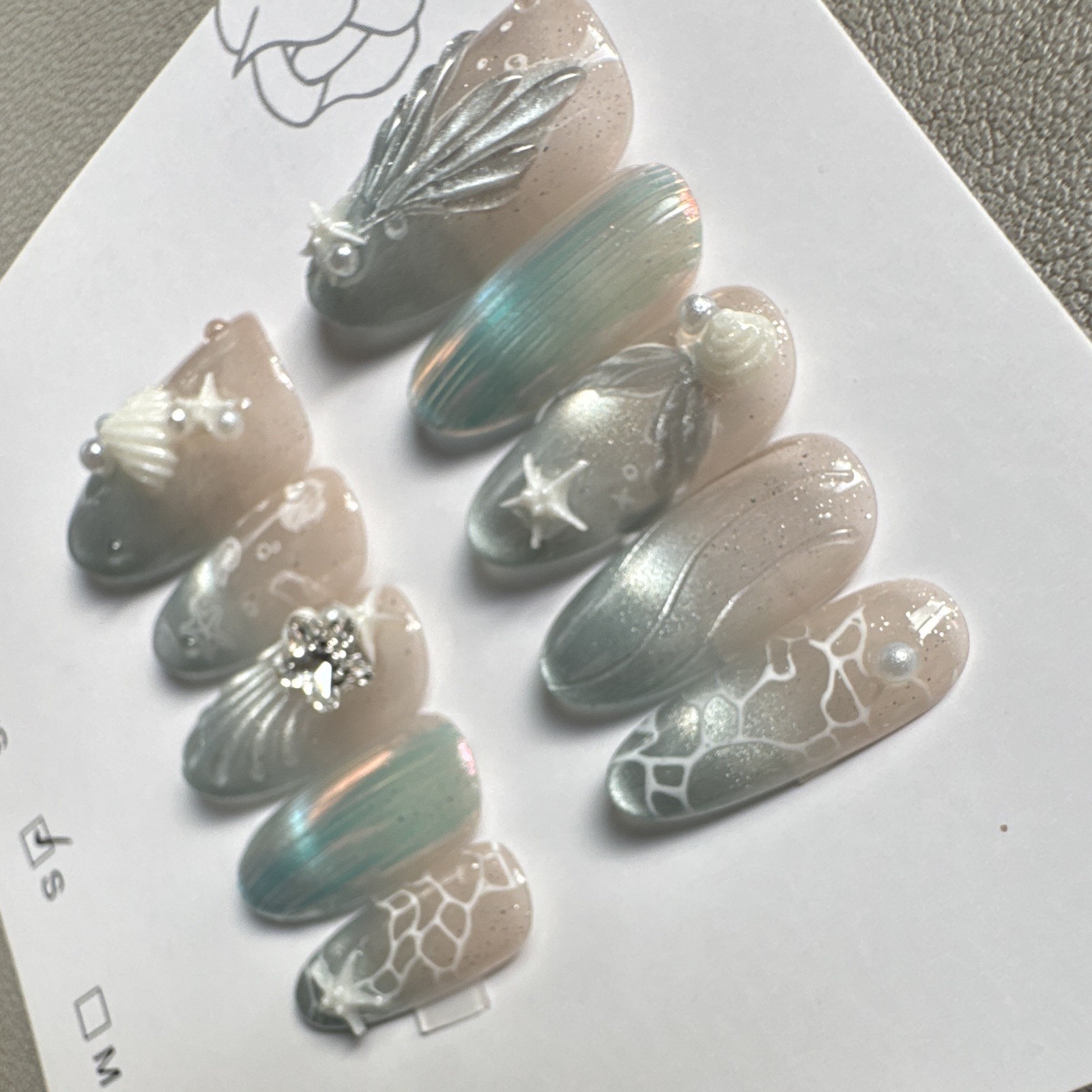 Press-On Nails Long Oval Blue/Beige Ocean Theme Laser 3D Full Cover Handmade