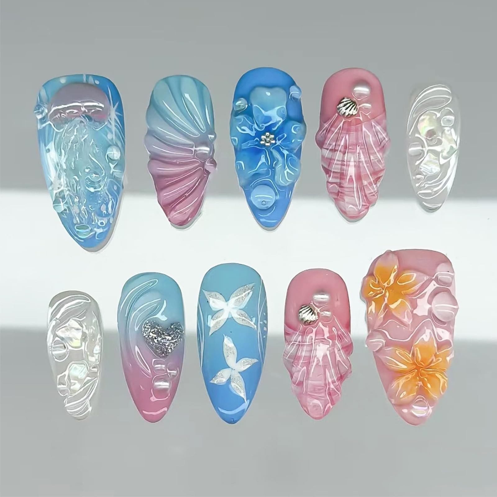 30Pcs Summer Beach Press On Nails Medium Almond Shaped Fake Nails with Jellyf…