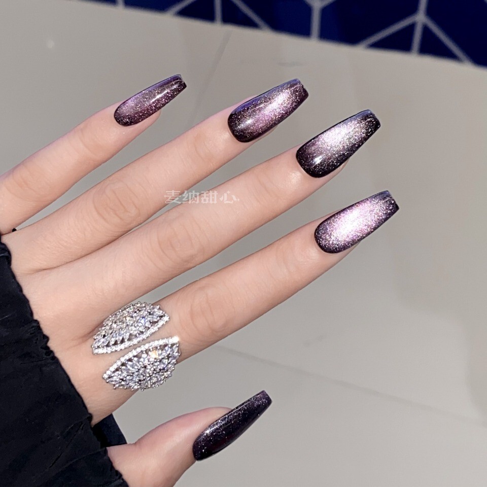 Purple Galaxy Cat Eye Press on Nails Handmade Fake Fingernails Gel Polish