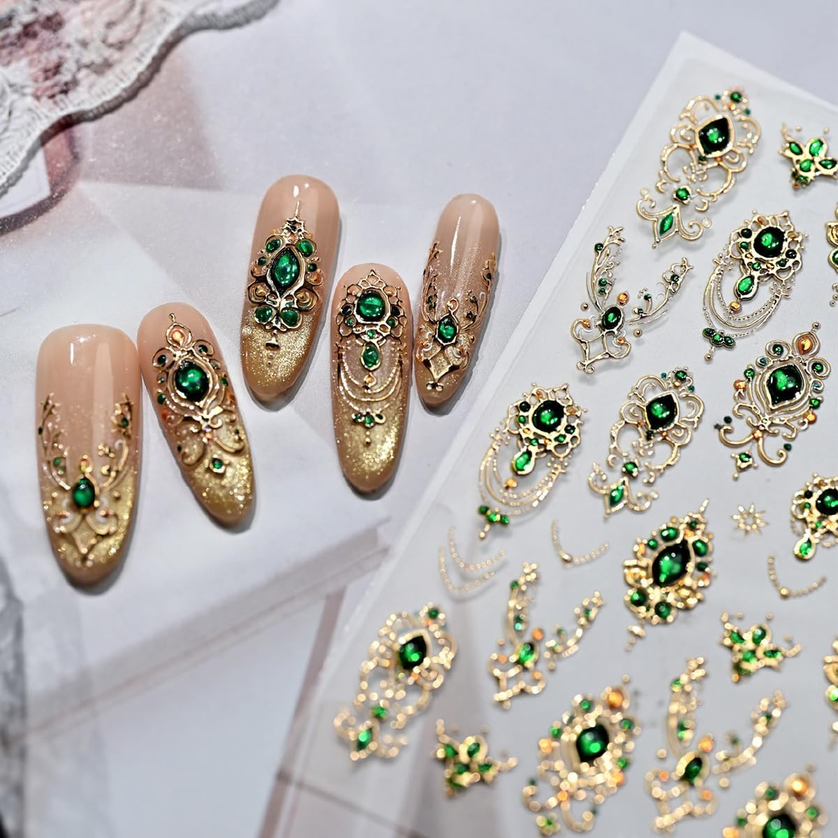 Gold Nail Art Stickers 5D Embossed Green Gem Nail Stickers Luxury Self Style-31