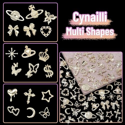 180 Pcs Gold Nail Charms and Gems, Bow Star Butterfly Cross Alloy Nail