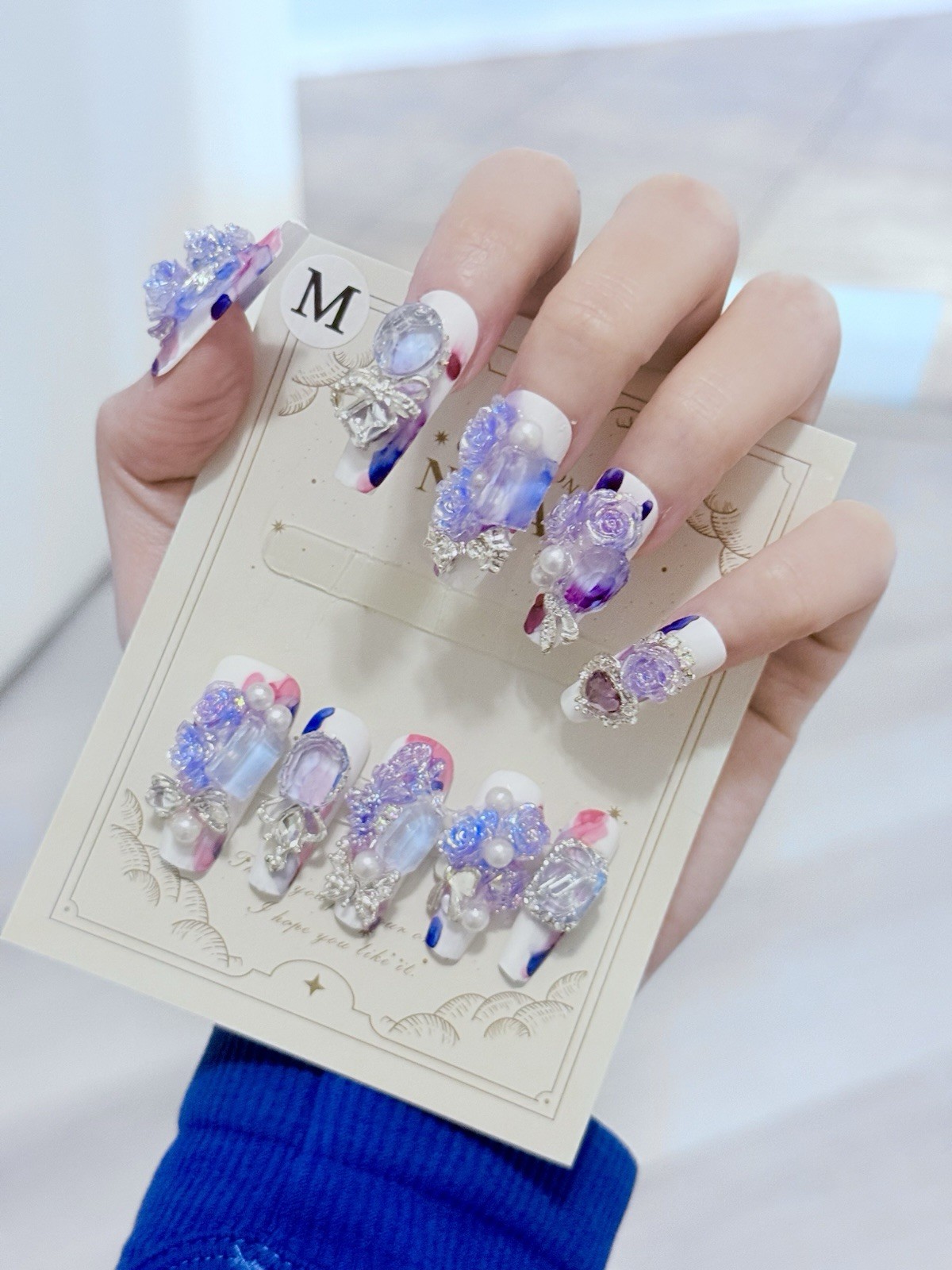 10pcs Handmade Rose Fake Nail Press On/Glue On Nails Size M(Read Description)
