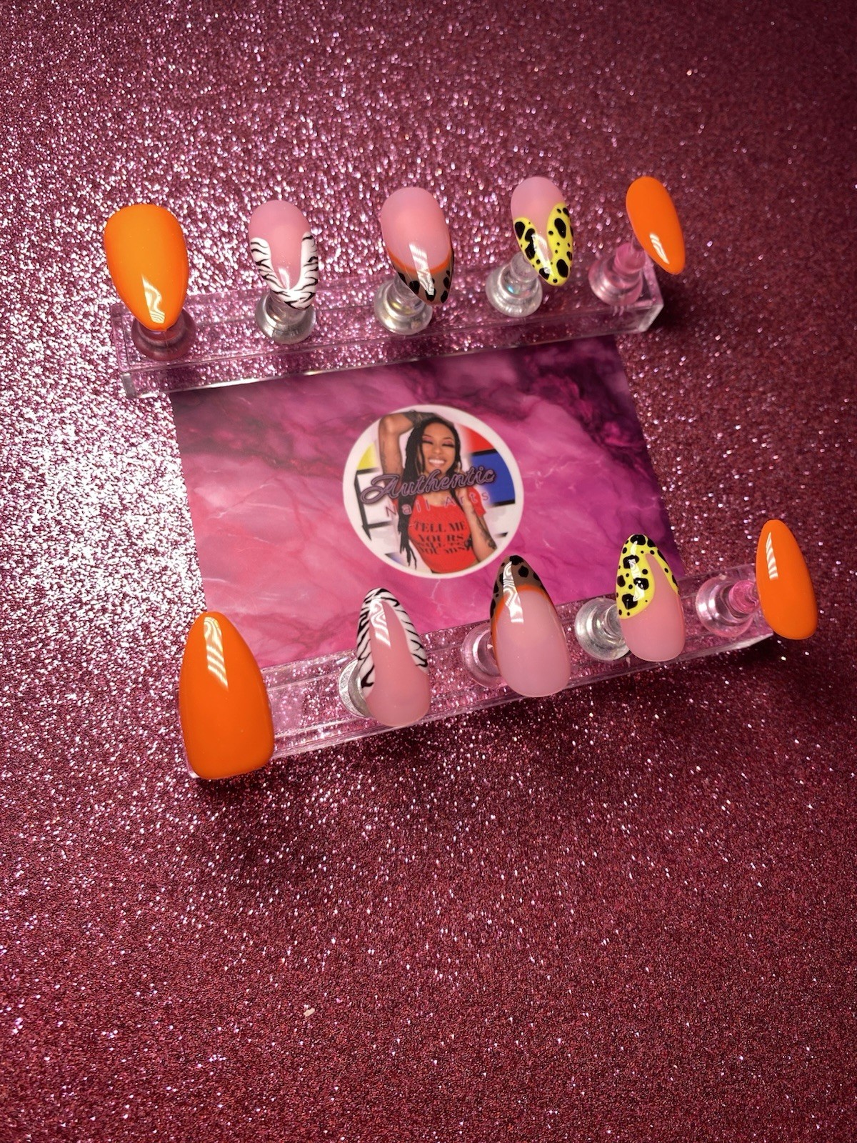 Authentic Nail Arts by Dia Almond Press-On Nails Orange Pink Animal Print Set