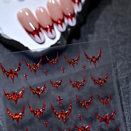 1 Sheets Red Bat Nail Decals for Nail Art 5D Halloween Nail Bat Stickers-3