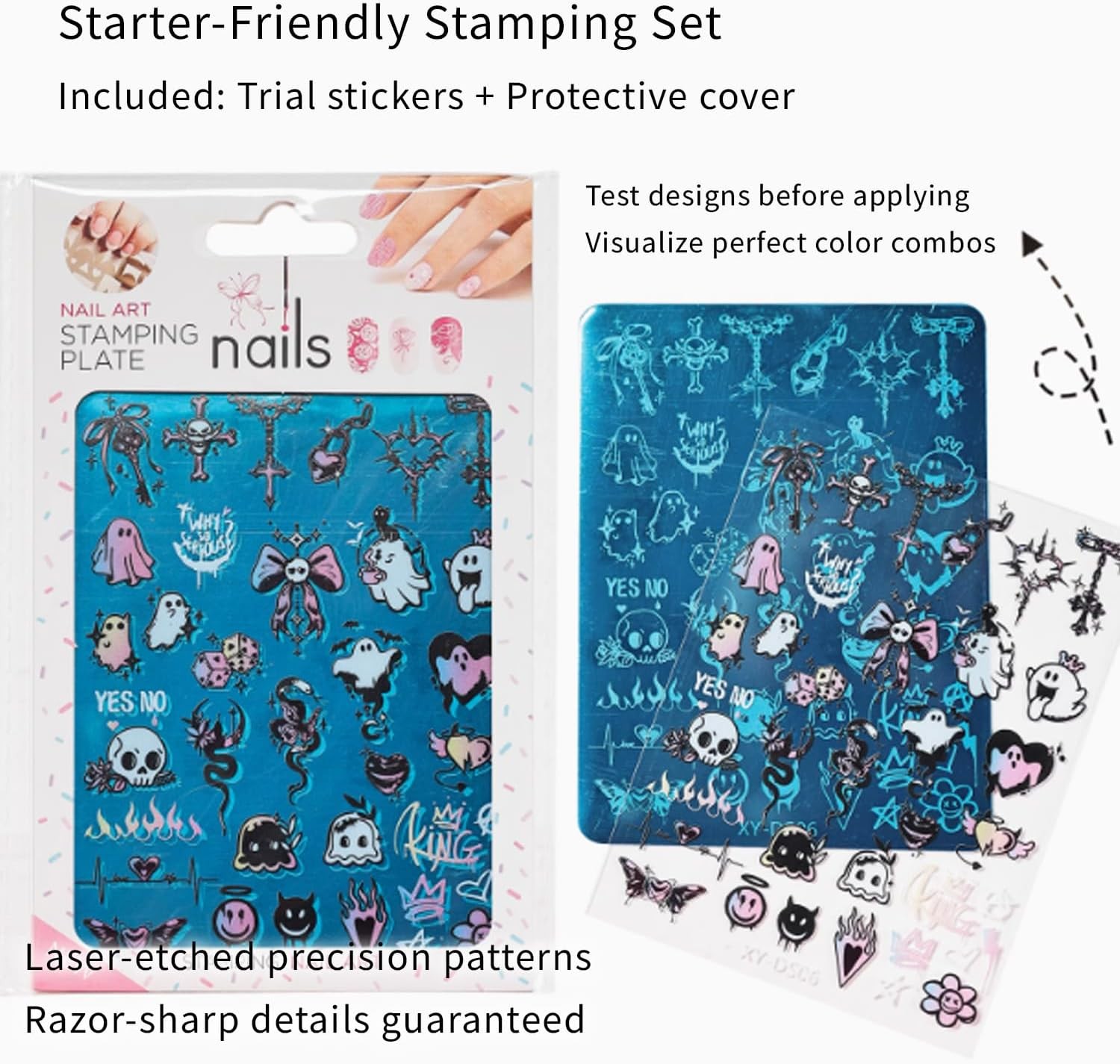 4Pcs Gothic Cute Nail Stamping Plate Set – Dark Kawaii Art 1.4 inches