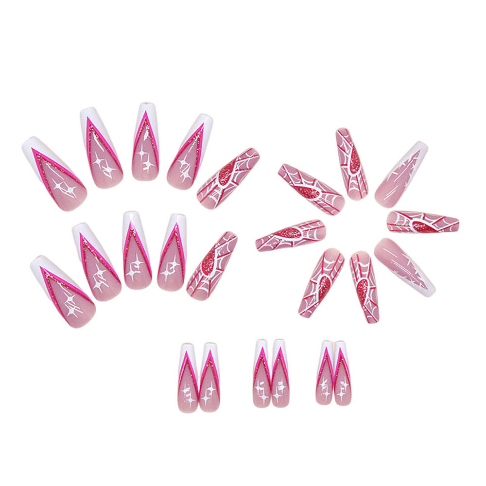 Pink Long Fake Nails With Spider Web Printed Charming Manicure Nails Press On