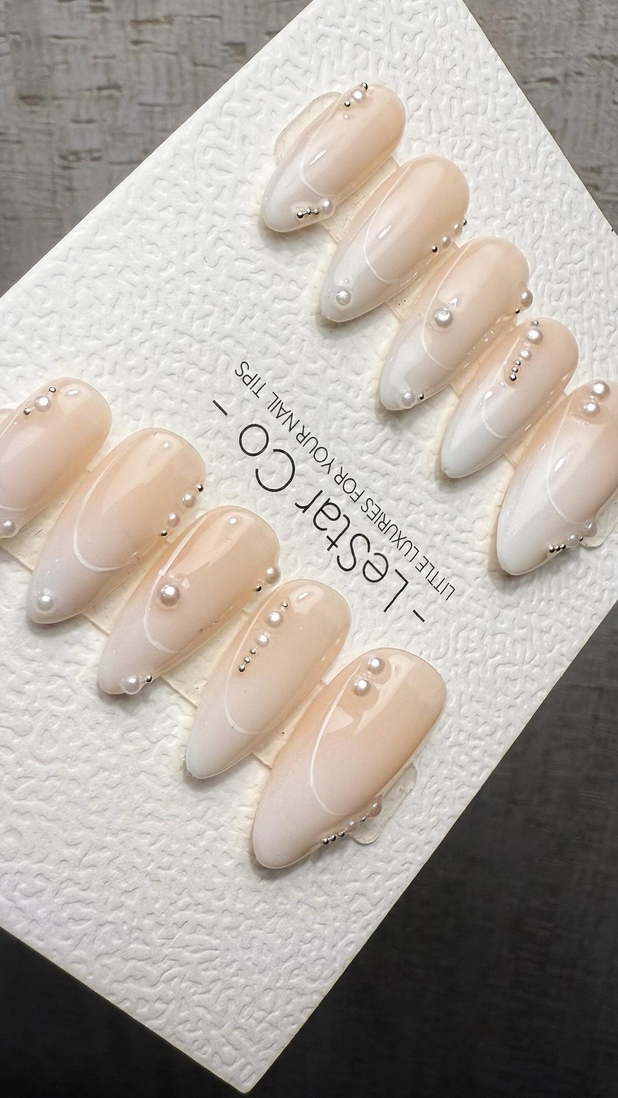 Handmade Sheer Nude White Line Pearl Bead Long Almond Press on Nails Set