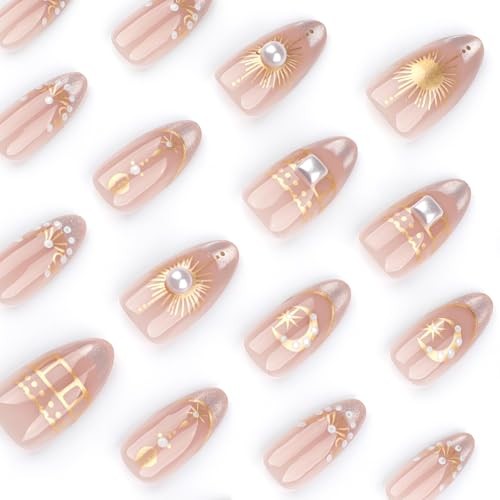 Silver Glitter French Press On Nails 24pcs, Nude Almond 40-Sun Moon and Stars