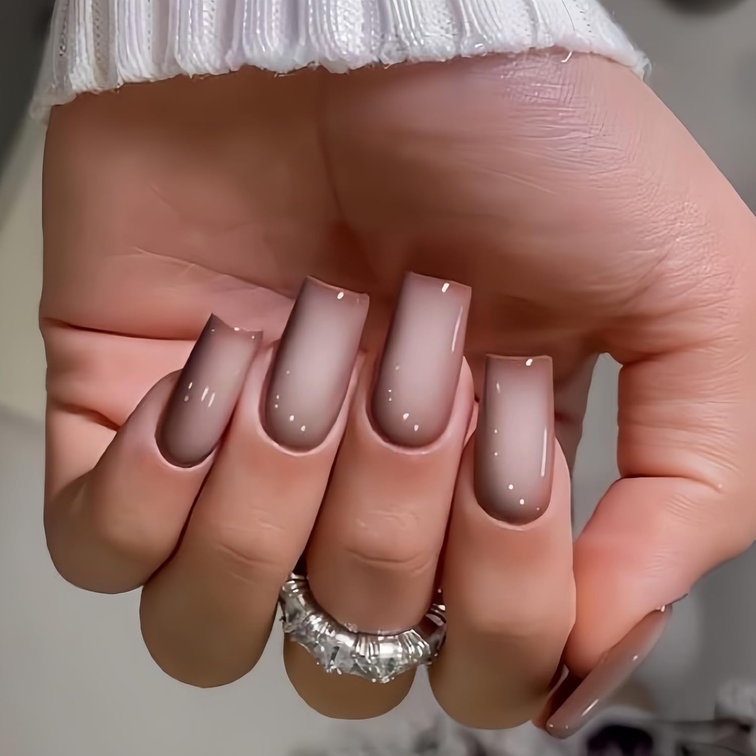 Ombre Brown Press on Nails Long Square Shaped Gradient White french brown
