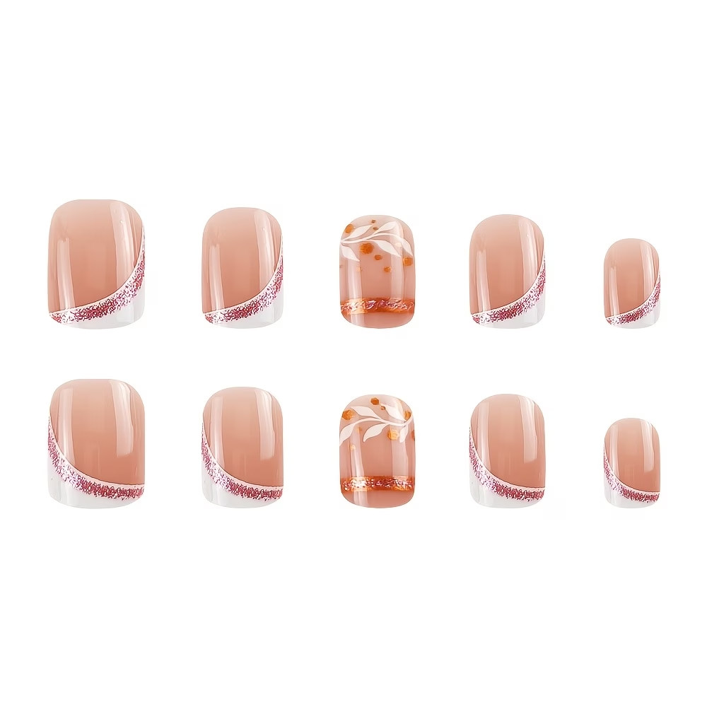 24pcs Women’s Glossy Square Round French Rose Golden White Striped Leaf Pressing