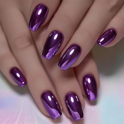 Press on Nails Medium Square Fake Nails Metallic Mirror Rose Purple Chrome