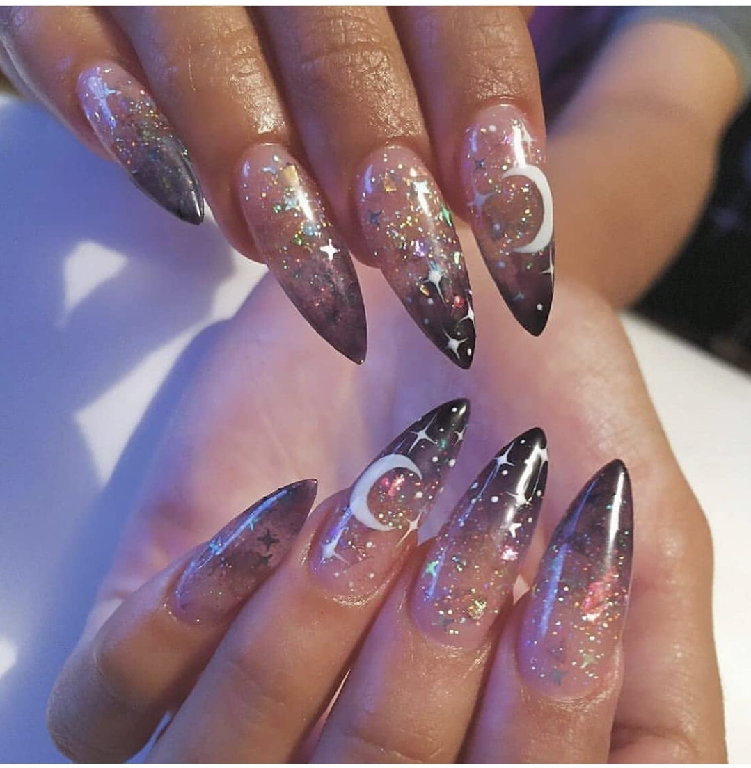 24 Press on nails Kit w Glue Witchy Black ombre glitter jelly clear halloween