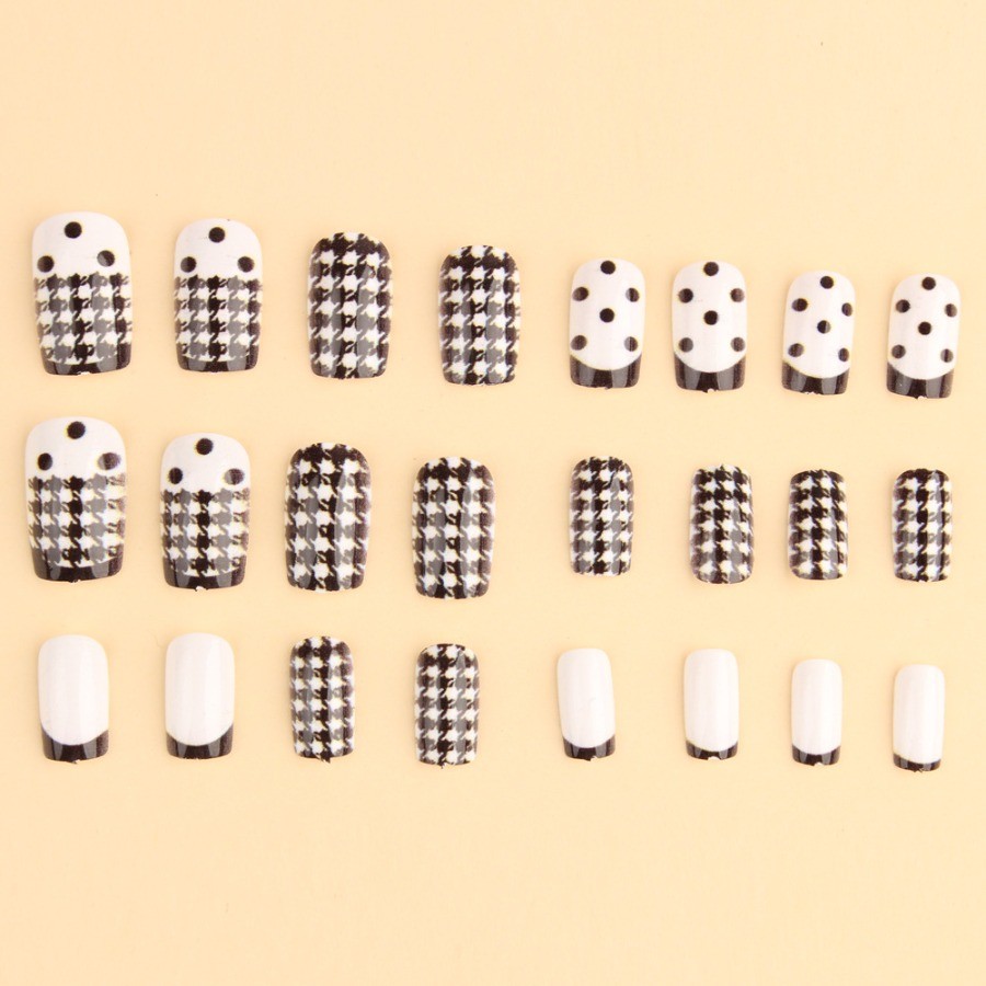 48Pcs-Medium Square Black White Houndstooth Polka Dot French Press on Nails Set