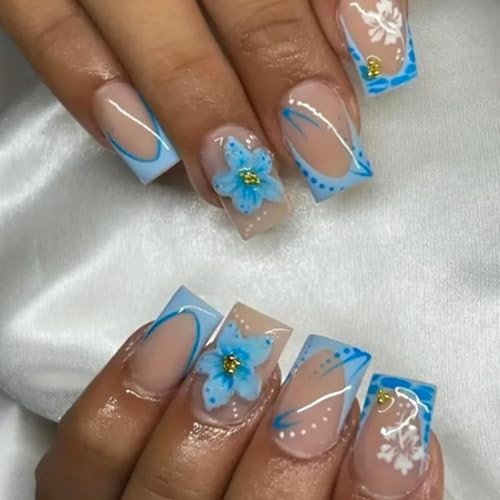 Set of 24 Short Square Fake Blue French Tip Nails – 6 Pieces