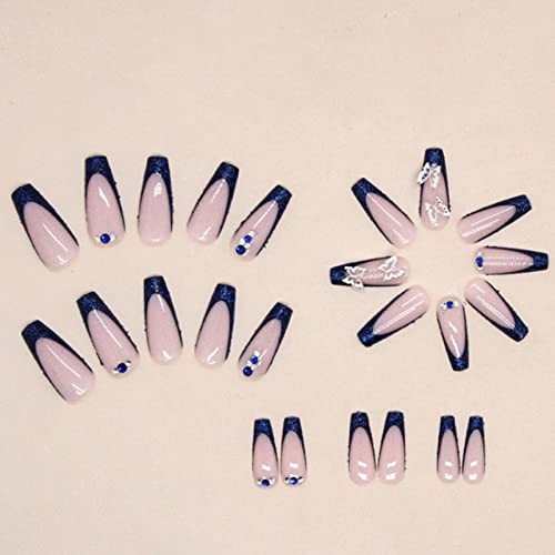 Long Press on Nails Square French Fake 24 Count (Pack of 1) Blue Butterfly