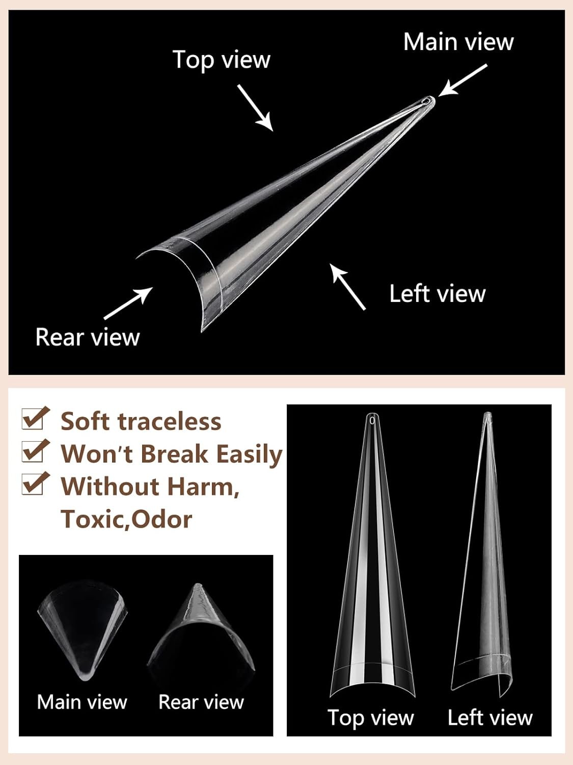 500Pcs Stiletto Nail Tips for Acrylic Nails, XL Long Clear False Large,