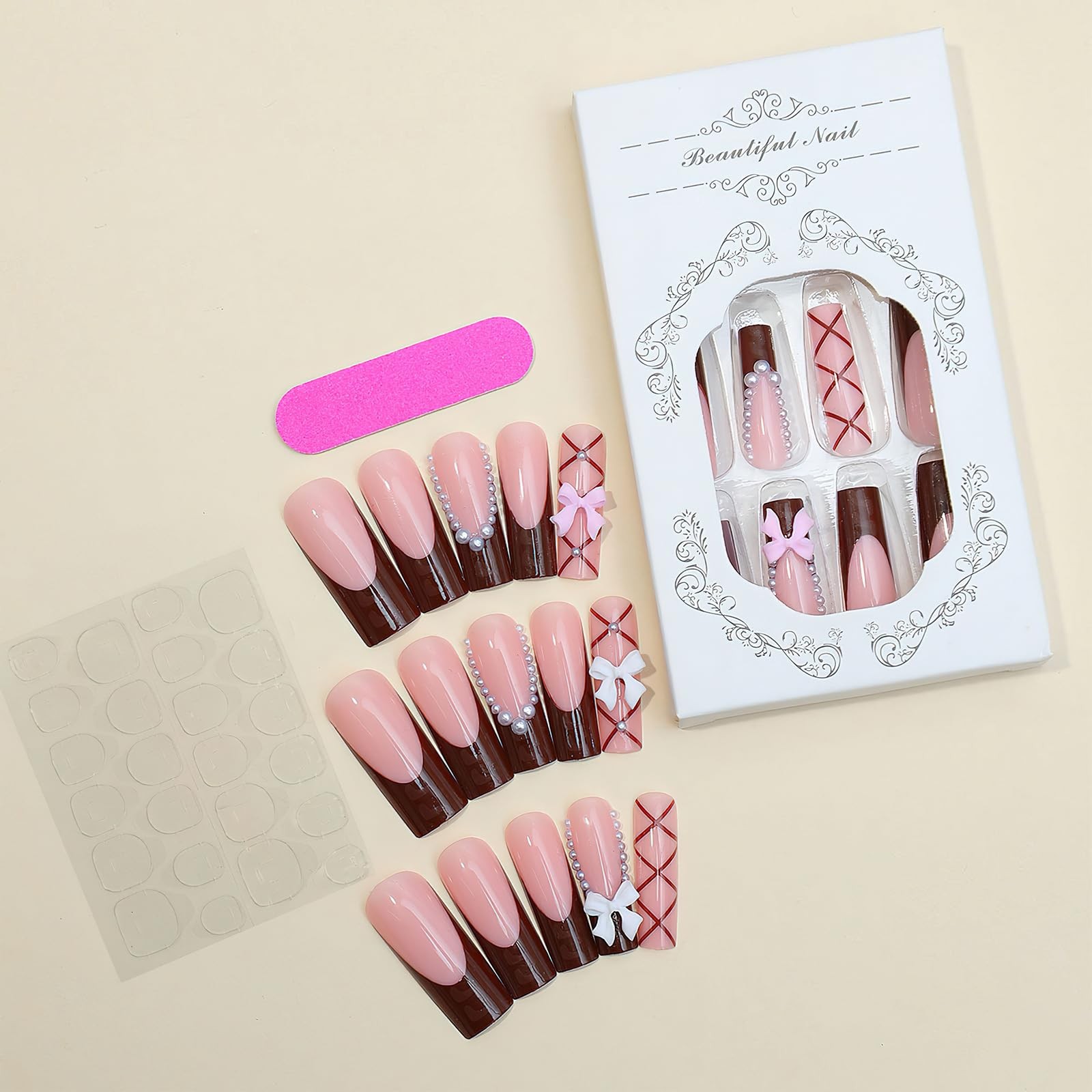 Brown French Tip Press on Nails Long Square Coffin Fake Nails Glossy Full Cov…