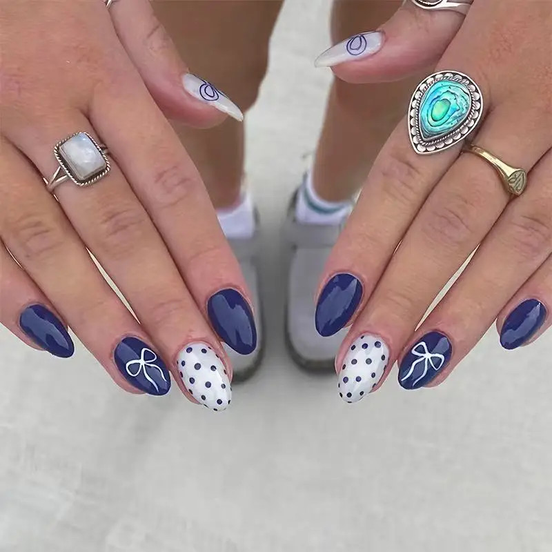 Fashion Press On Nails 24PCS Navy Blue White Polka Dot Bow Oval Fake Artificial