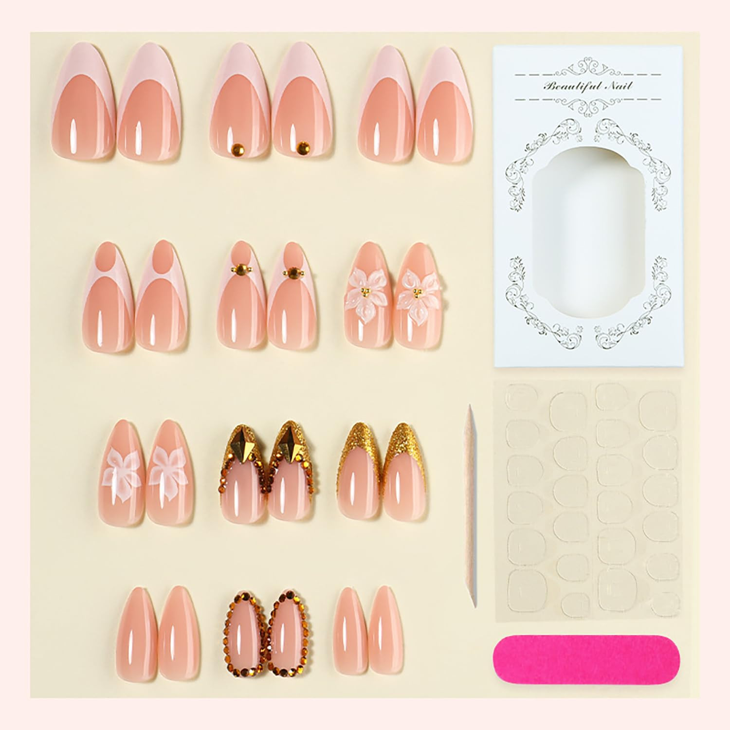 24Pcs French Tip Press on Nails Medium Almond Fake Nails with 3D Flower Gold Rhi