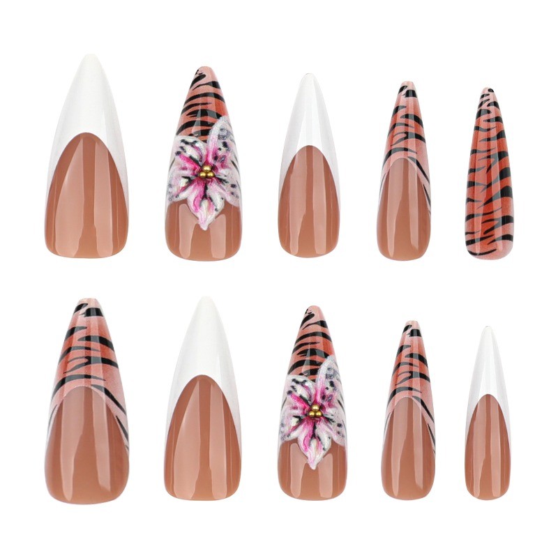 Tiger Print Press on Nails with 3D Pink Flowers and White French Tips, Stiletto