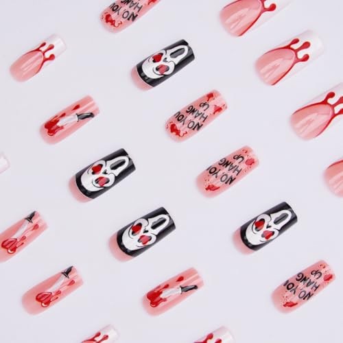 24Pcs Halloween Long Square French Tip Press On Nails, Bloody Ghost Design, Acry