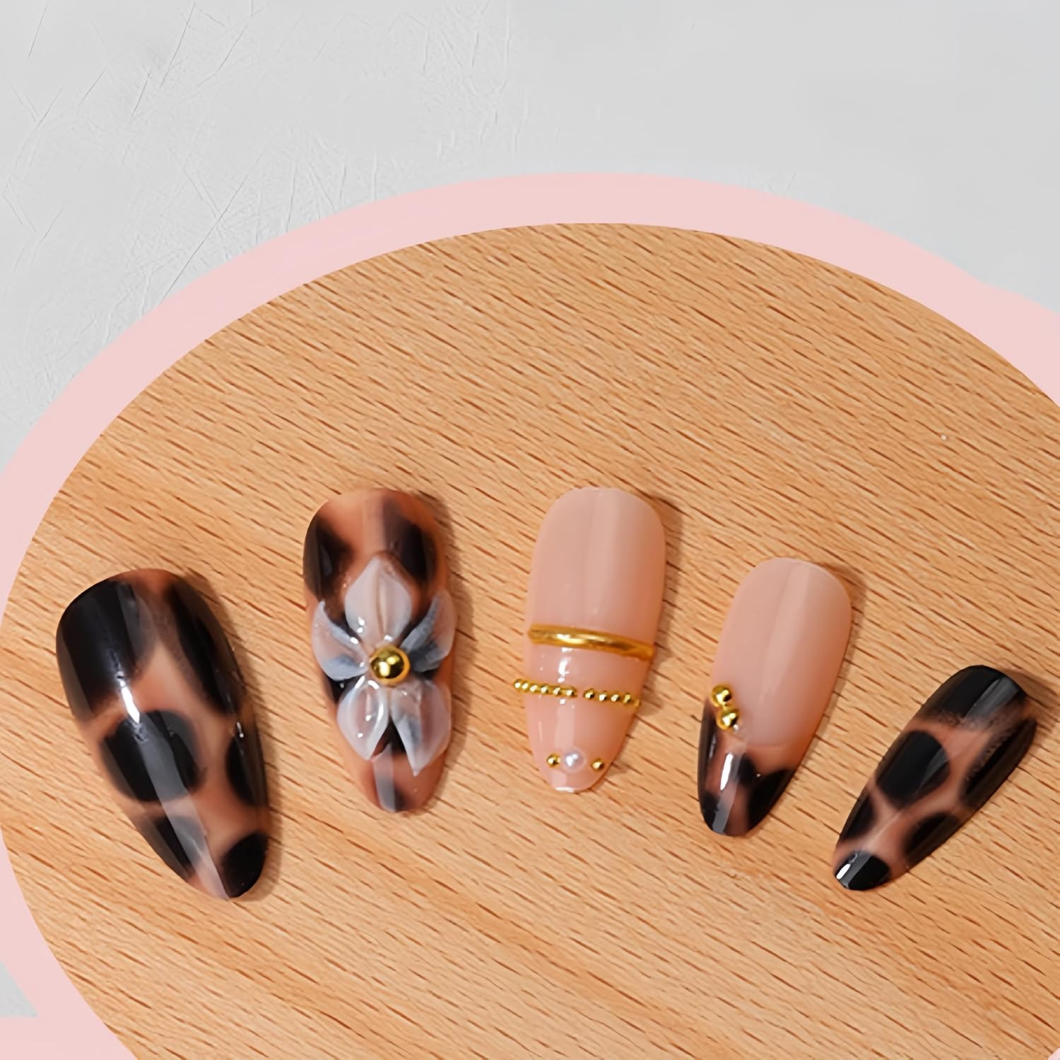 24Pcs 3D Brown Gold Flower Press on Nails Medium Almond Fake Nails with 3D Gold