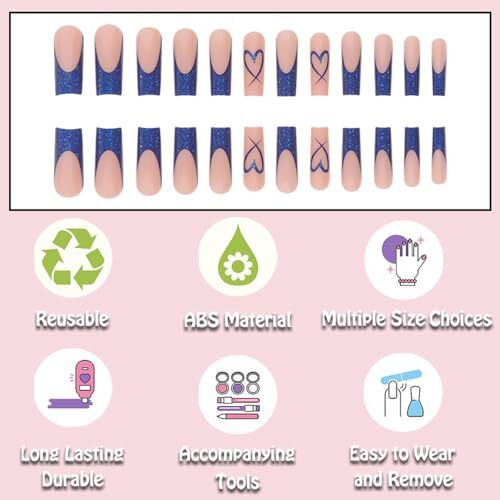 French Tip Press on Nails Blue Square Ballet Medium Long Fake Nails Glue on