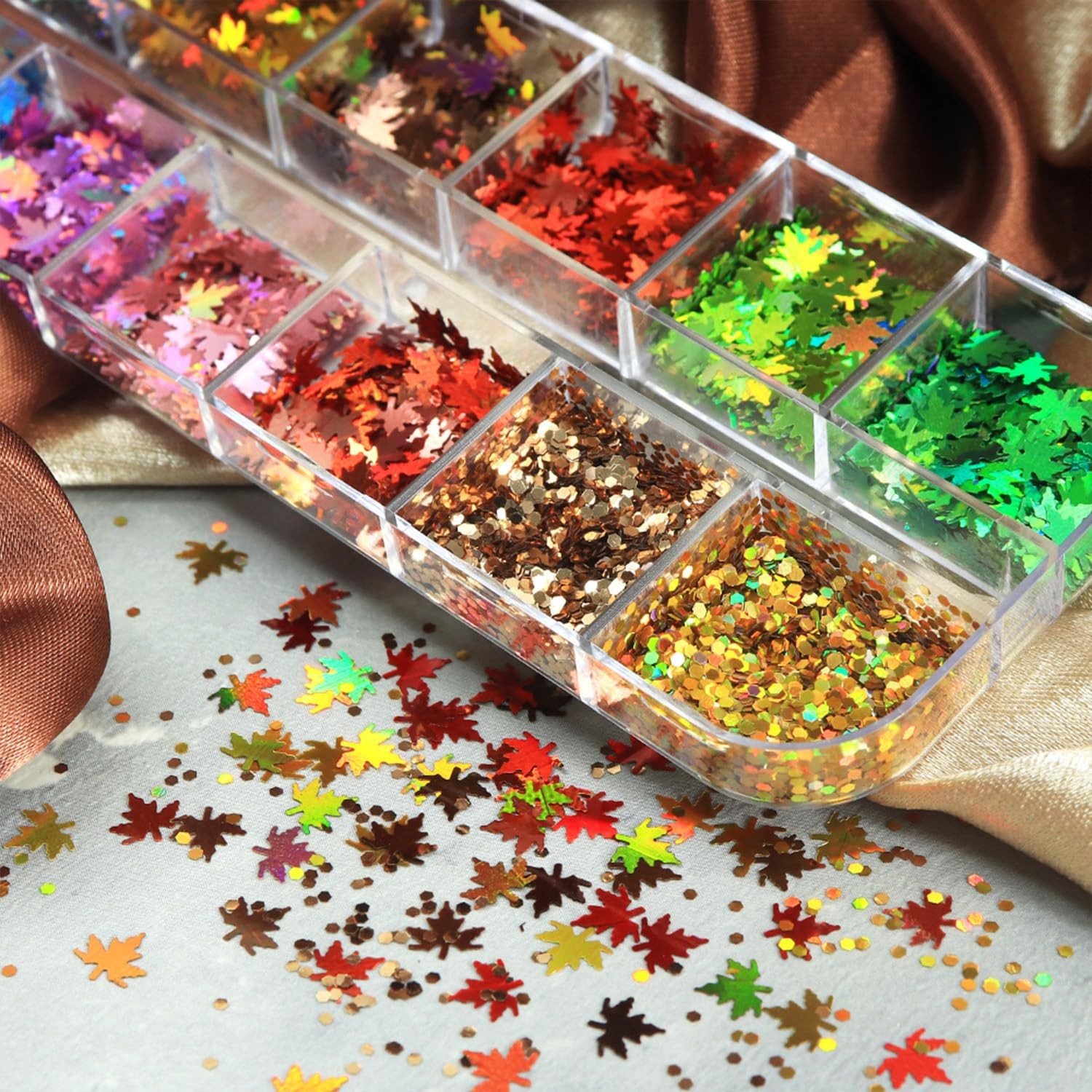 Fall Nail Art Glitter Sequins – Holographic Maple Leaf Flakes for Acrylic Nails