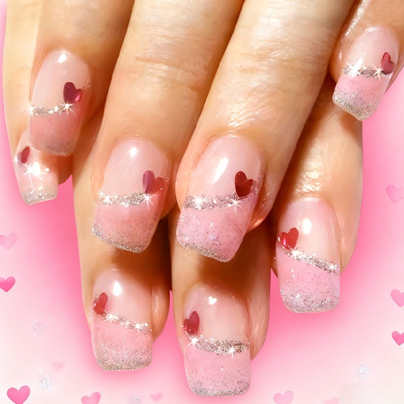 24pcs Short Pink Heart Glitter Nails. Shiny, Reusable for Parties & Any Occasion