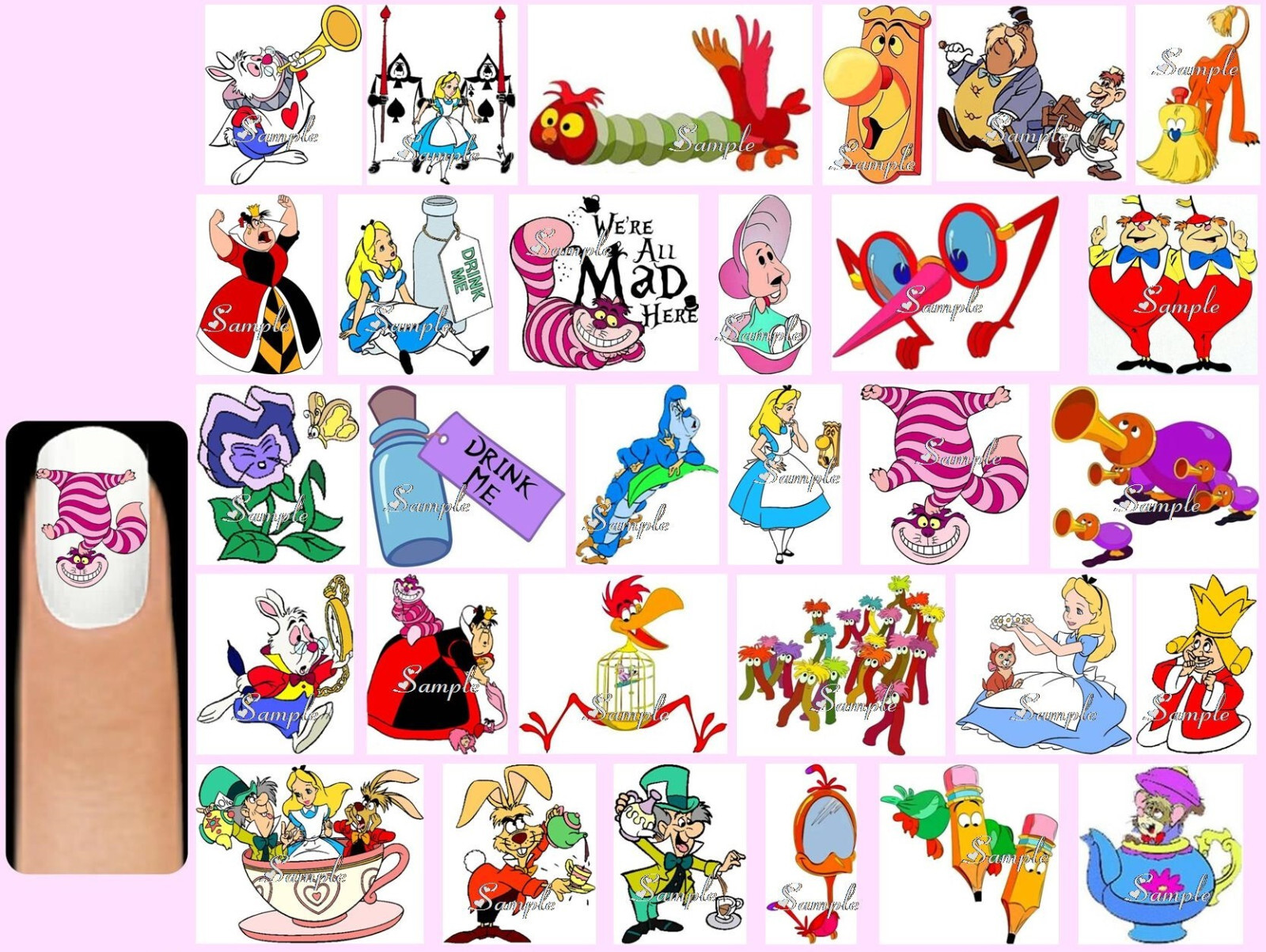 60x ALICE IN WONDERLAND Nail Art Decals + Free Gems Cheshire Cat Disney Queen
