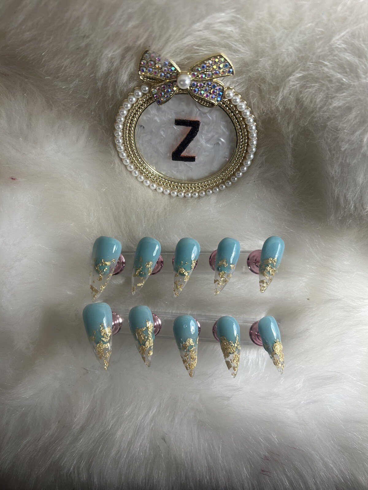 Z NAILZ! Handmade L Stiletto Mint Green/Clear With Gold Flakes Press On Nails