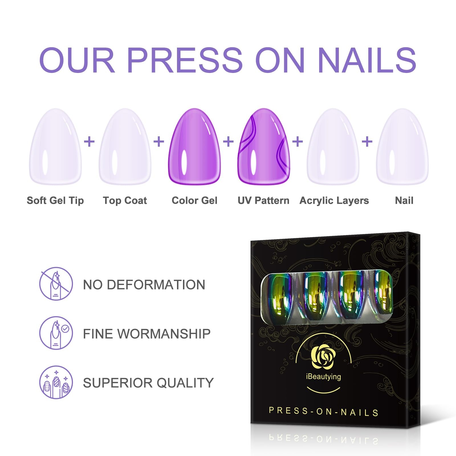 iBeautying Press on Nails – Chrome Magic Mirror Effect Medium Length, Green