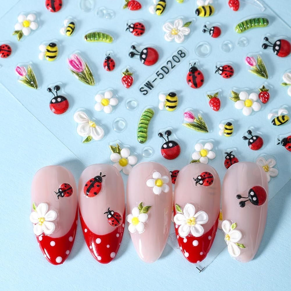 Cartoon Cute Insect 5D Nail Art Stickers Hawaiian Flower Daisy Tulip Strawberry