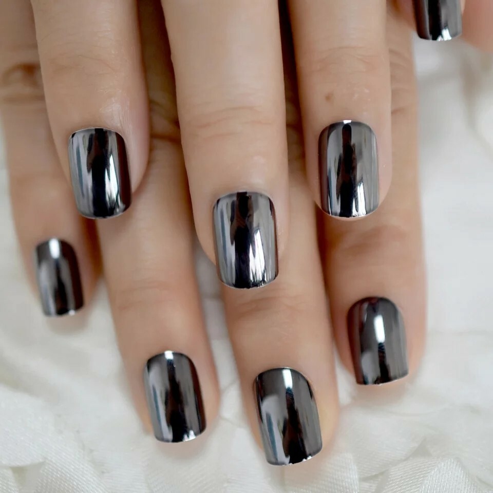 Gunmetal Gray Chrome Press On Nails Short Mirror Silver Dark