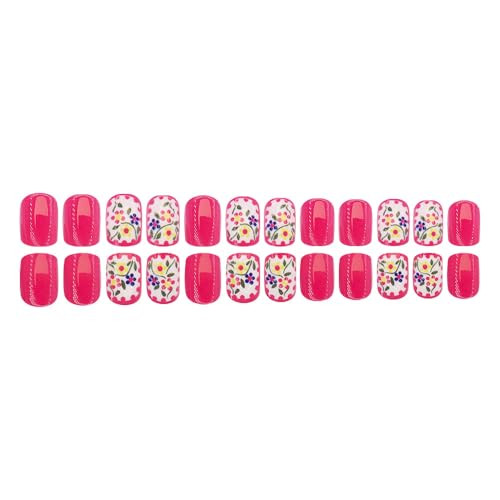 Square Press on Nails Short False Nails with Design Color Flower Green Leaves
