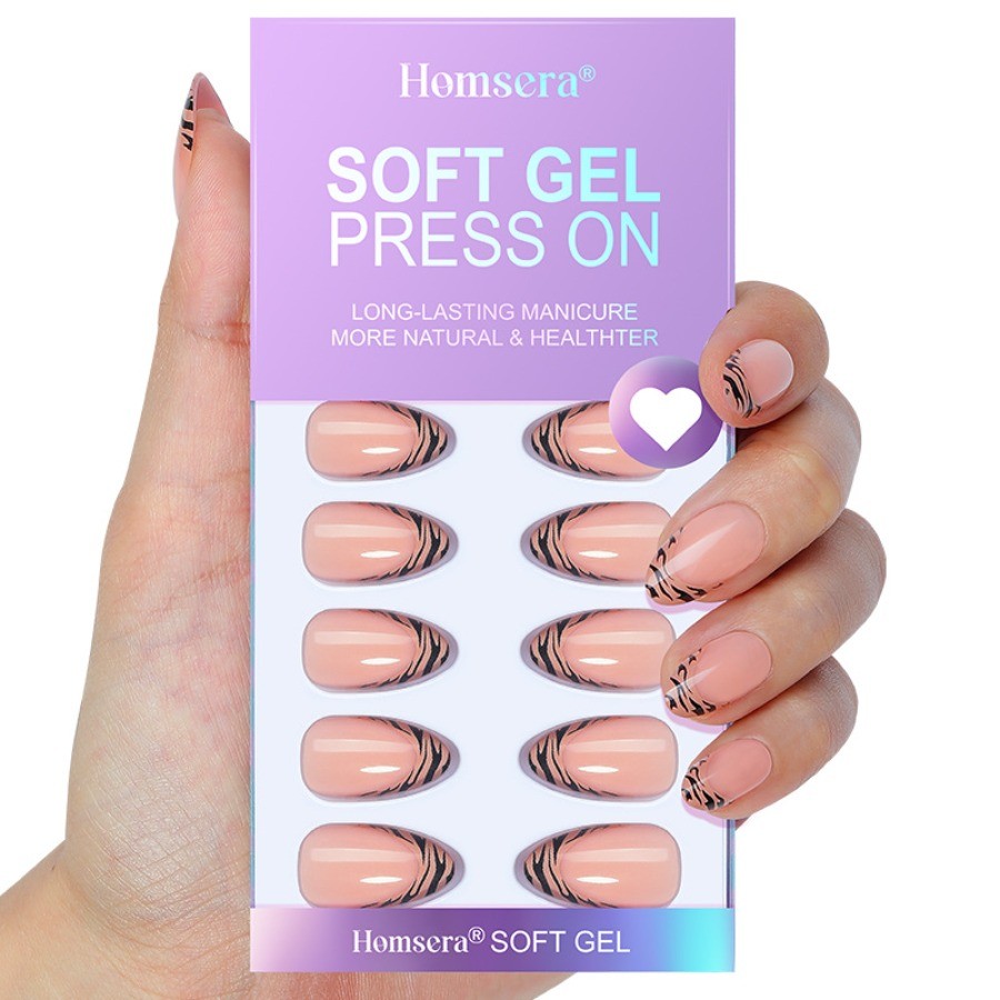 64pcs-Press on Nails Nude Almond Zebra Print French Tip Daily Wear Short Tips