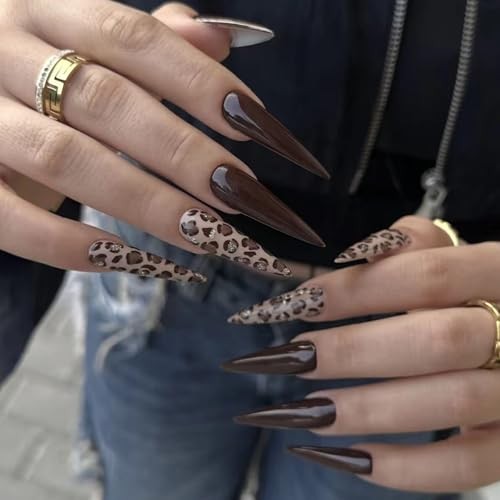 Press on Nails – Long Stiletto Fake Nails with Brown Leopard, 10522Brown