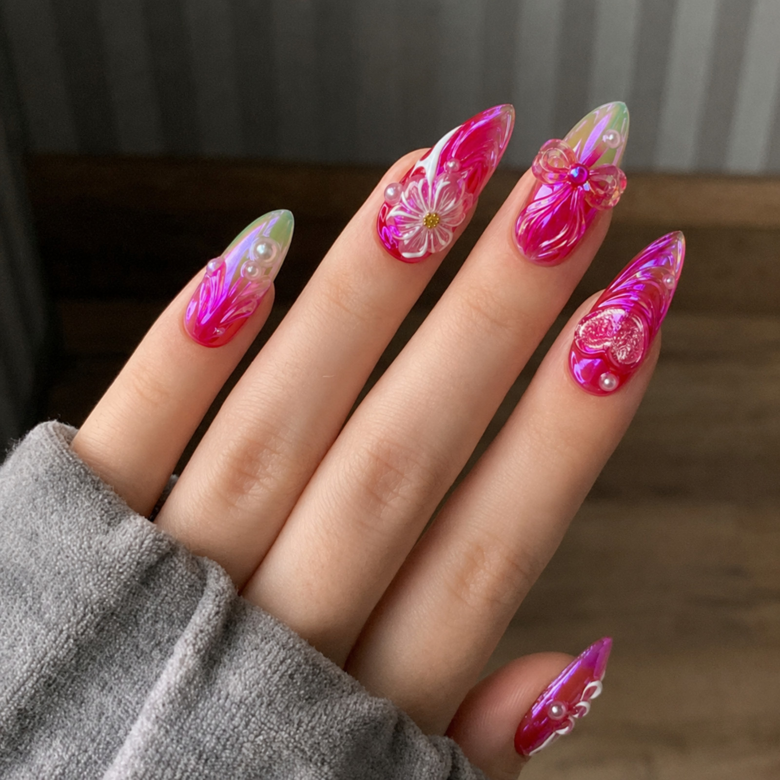 Handmade Pink Chrome 3D Floral Bow Pearl Press On Nails Custom Set