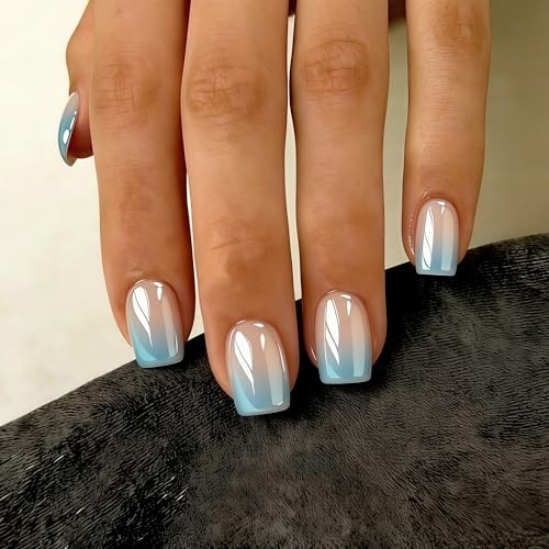Ombre Press on Nails Short Square, Glazed Gradient Teal Blue square ombre blue